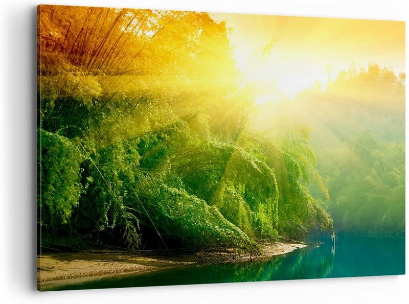 Bilder auf Leinwand 100x70cm Leinwandbild mit Rahmen Tropen Bäume Fluss Gross Wanddeko Bild Schlafzi