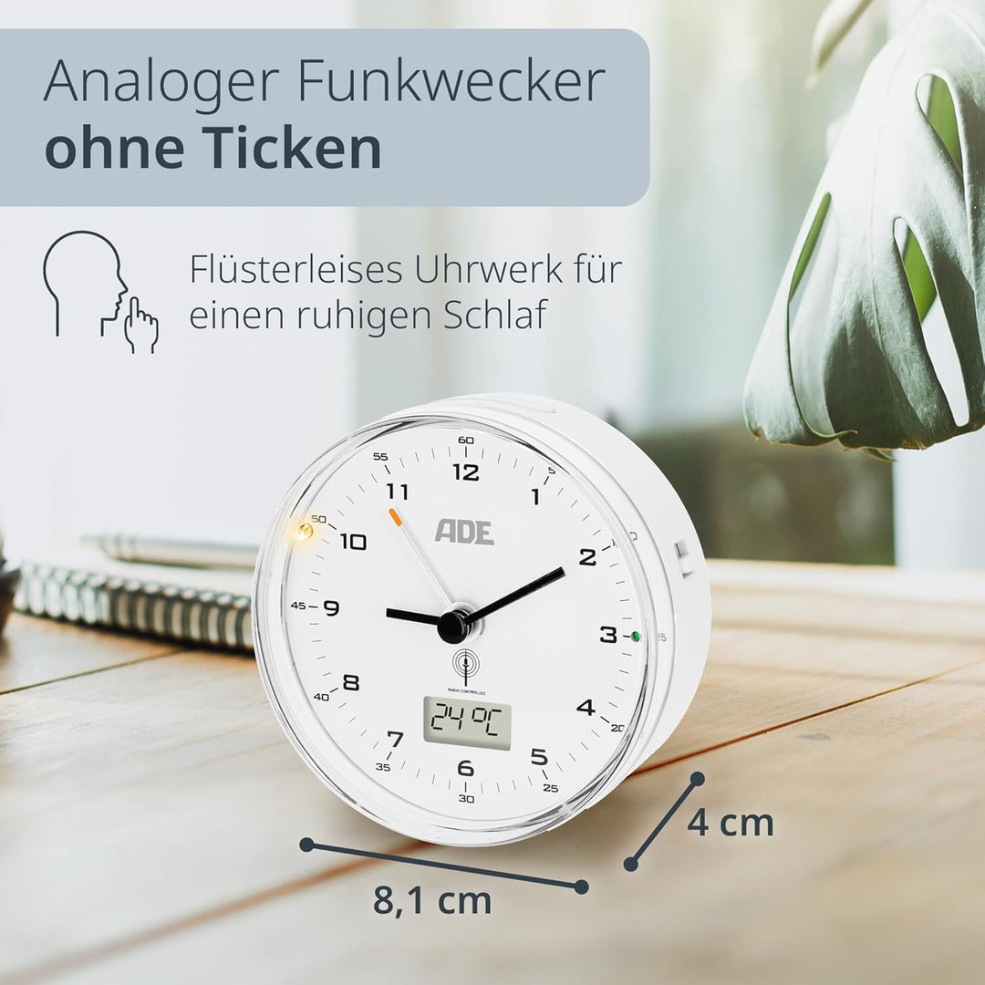 ADE Funk wecker analog ohne Ticken | Uhr mit Temperaturanzeige und Kalender | lautloser analoger Wec