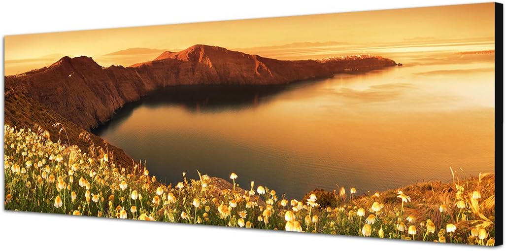 Paul Sinus Art Panoramabild auf Leinwand und Keilrahmen 150x50cm Santorini Landschaft Blumen Berge M