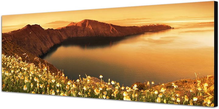 Paul Sinus Art Panoramabild auf Leinwand und Keilrahmen 150x50cm Santorini Landschaft Blumen Berge M