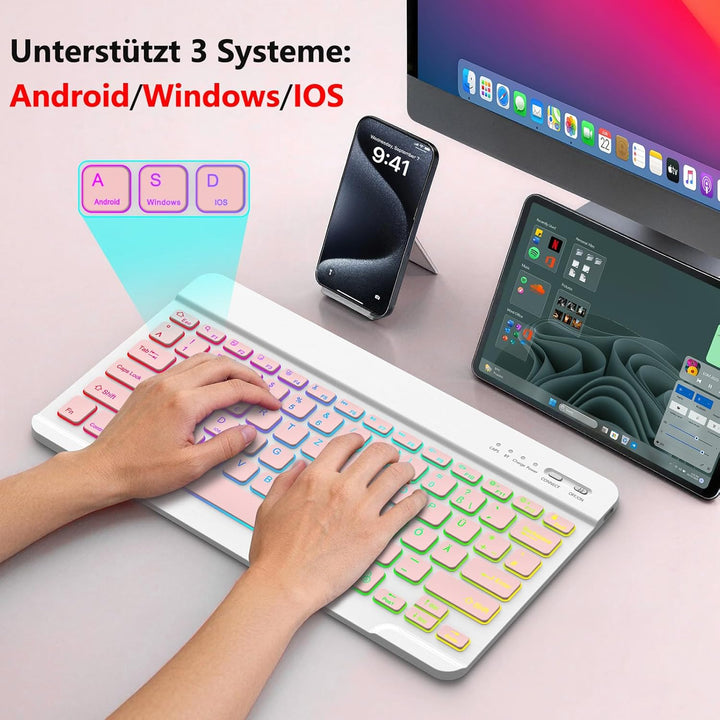 Bluetooth Tastatur – Kompatibel mit iOS, Android & Windows, für iPhone, iPad, Samsung & Co. | iPad T
