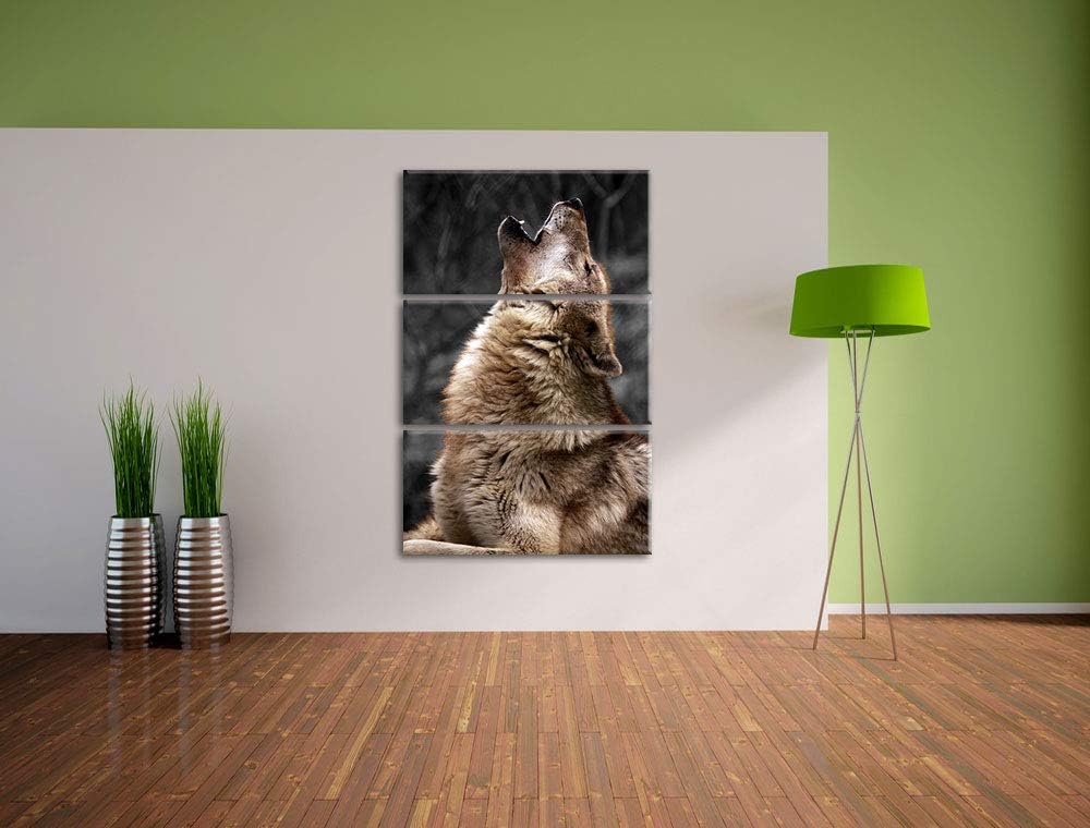 Anmutiger Heulender Wolf schwarz/weiss 3-Teiler Leinwandbild 120x80 Bild auf Leinwand, XXL riesige B