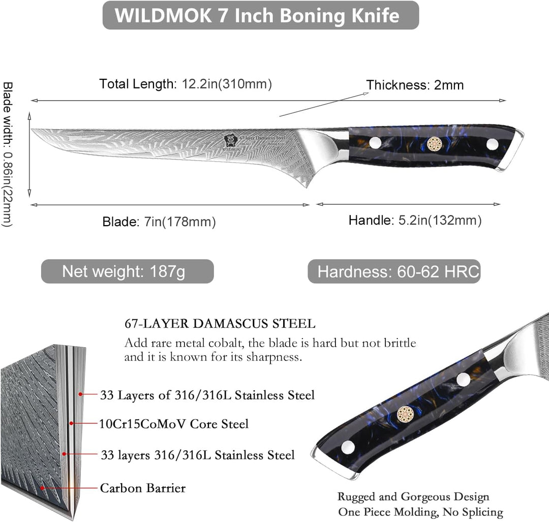 WILDMOK Ausbeinmesser, japanisches Damaskus Kochmesser, Profi Ausbeinfiletmesser, 17.8 cm Profession