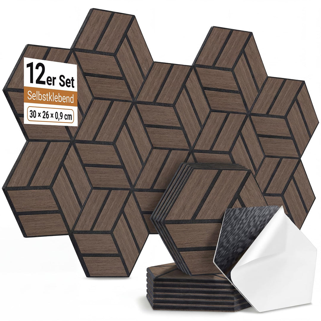12 Stück Hexagon Akustikplatten Selbstklebend, 30 x 26 x 0,9 cm Hohe Dichte schallabsorber wand, Sch