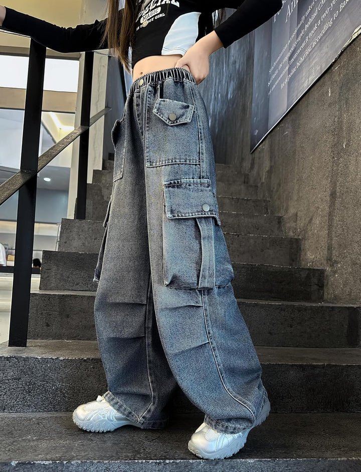 Rolanko Baggy Cargo Jeans für Mädchen, Elastische Hose mit Hoher Taille und Weitem Bein Y2K Jeanshos