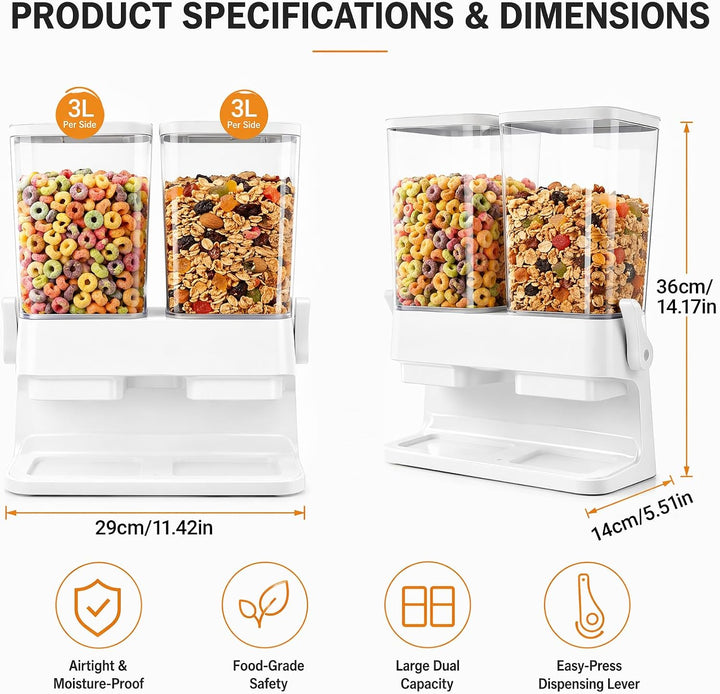 Doppel Müslispender 2 x 3L Vorratsbehälter mit Spender, Cornflakes Spender für Trockenfutter, Cornfl