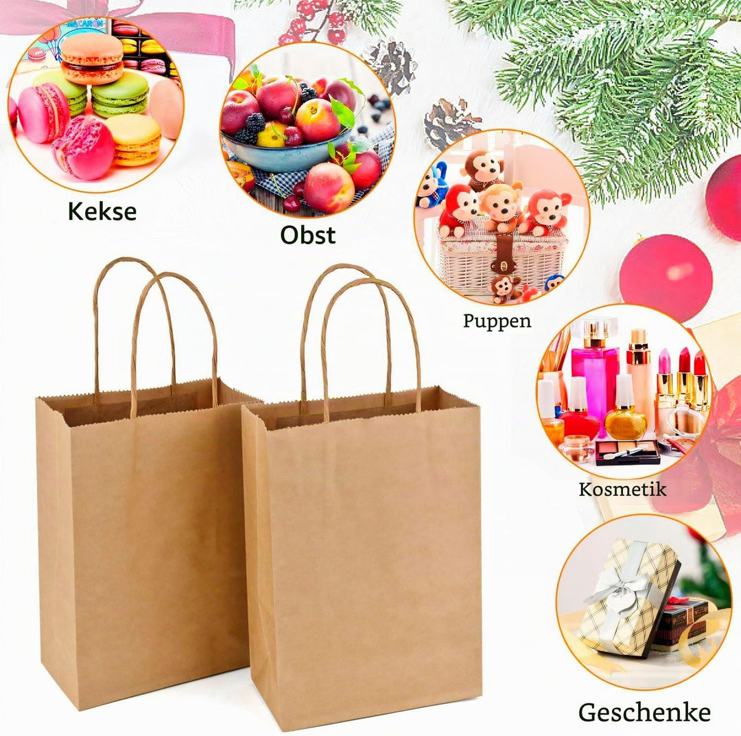 MAOOY 100stk Papiertüten mit Henkel Kleine Geschenktüten Papiertaschen Braun 15x8x21cm,Kraftpapiertü