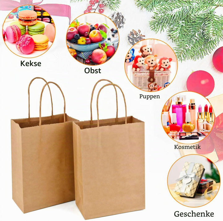 MAOOY 100stk Papiertüten mit Henkel Kleine Geschenktüten Papiertaschen Braun 15x8x21cm,Kraftpapiertü