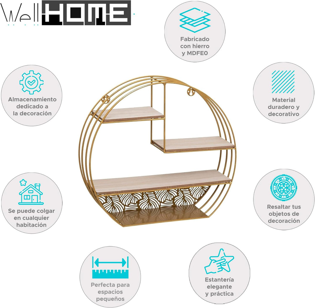 Well Home - Wandregal aus Holz, Metall, rund, goldfarben