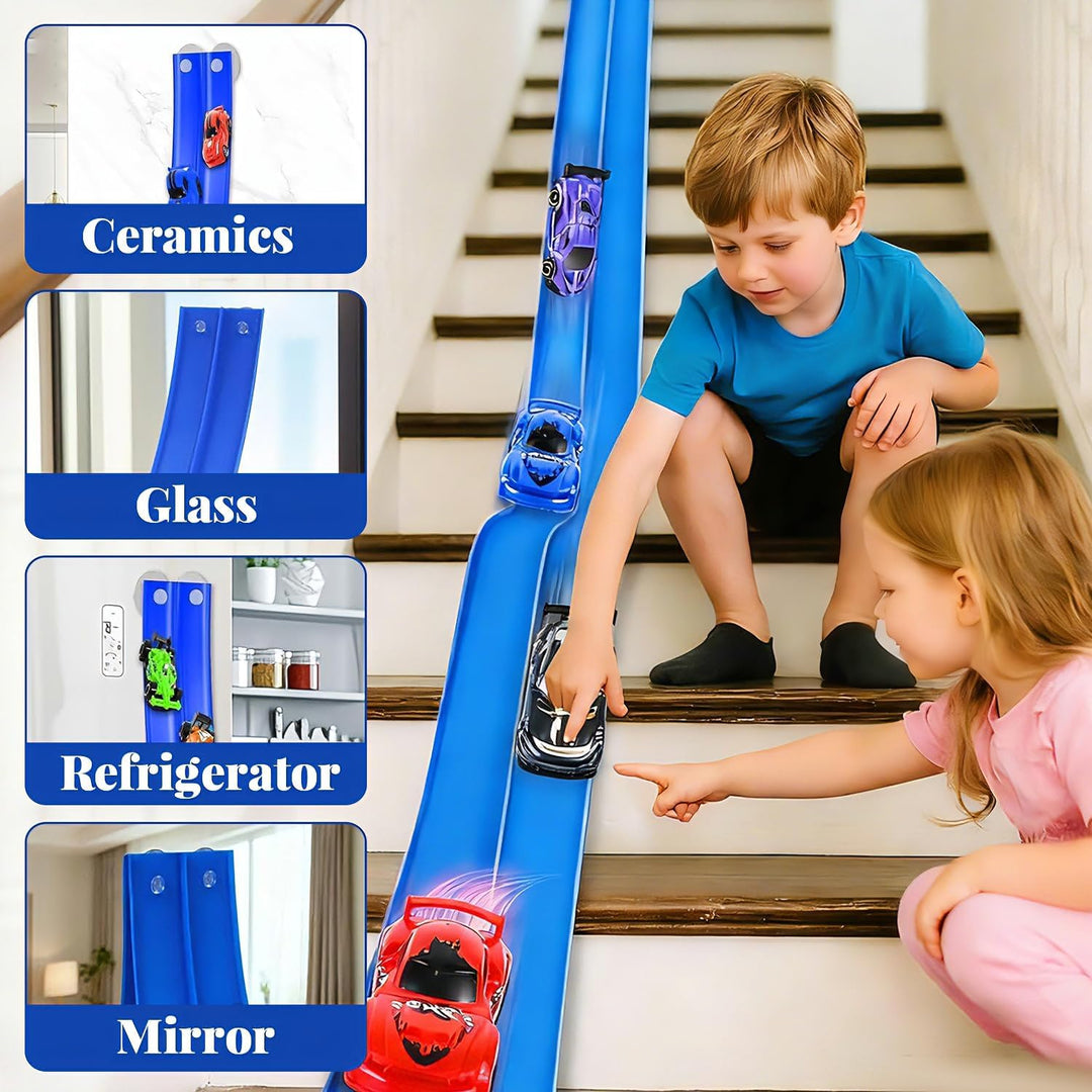 Flexible Rennbahn Kinder, 4M Flexible Autorennbahnen mit 4 Autos Rollt Auf, Flexible Rennbahn Dual R