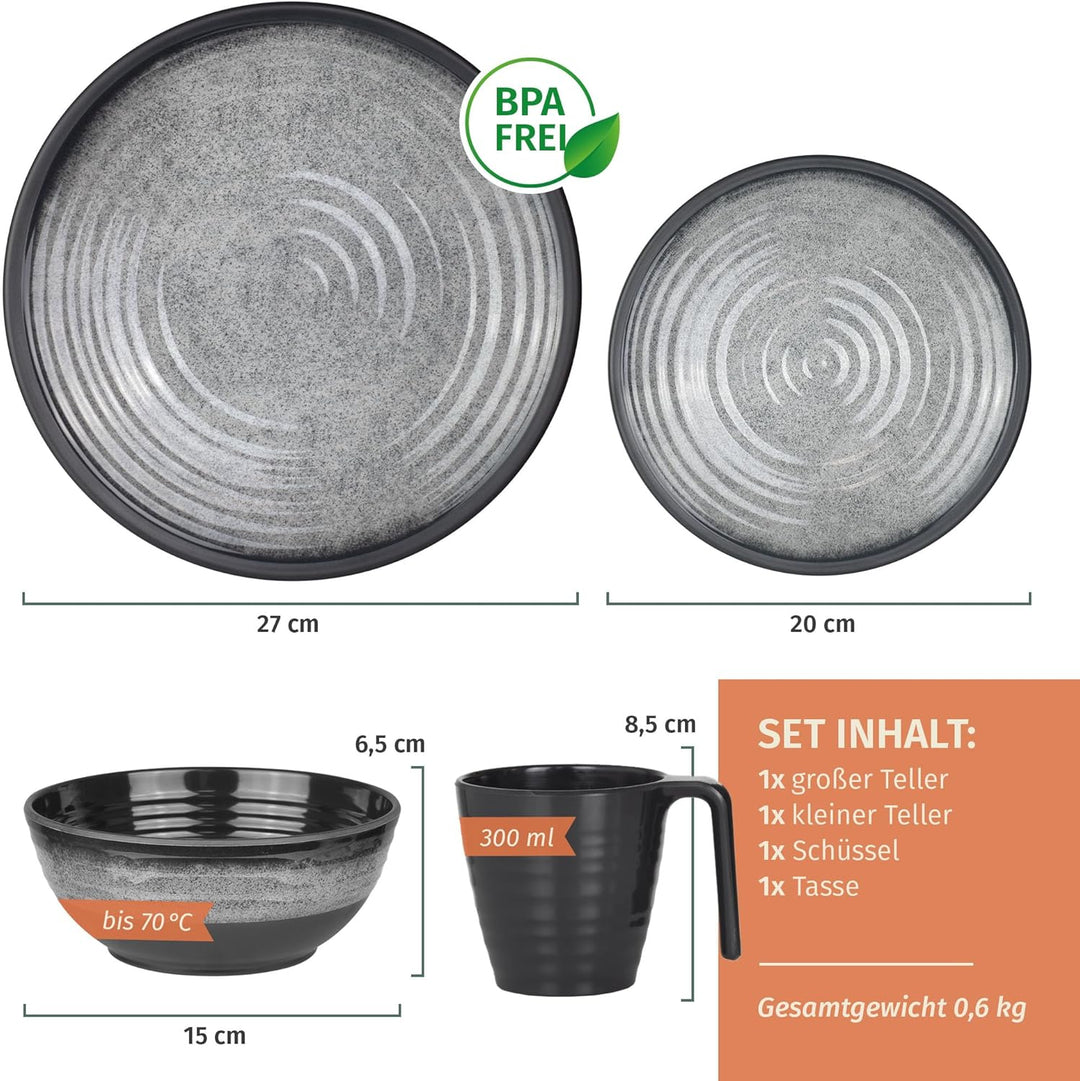 Camping Geschirr Set 1 Person 4-teilig | Melamin | Picknick Geschirrset | Campinggeschirr Stone Grey