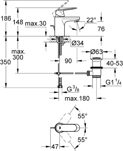 GROHE Eurosmart Cosmopolitan | Badarmatur - Waschtischarmatur | mit Zugstange, niedriger Auslauf, mi