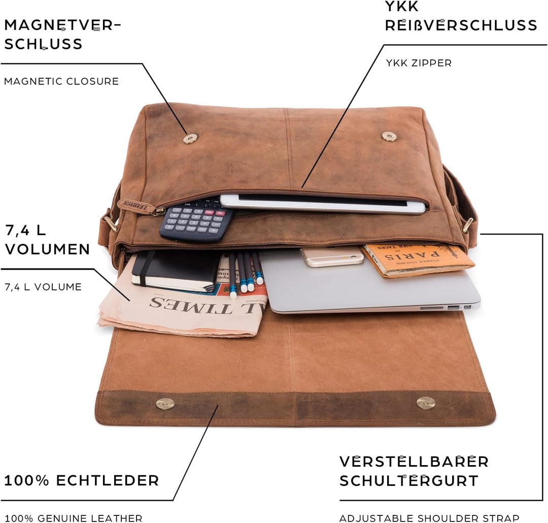LEABAGS Oxford Laptoptasche Leder 15 Zoll Herren Damen Echtleder 38x10x31 cm Fox, 38x10x31 cm Fox