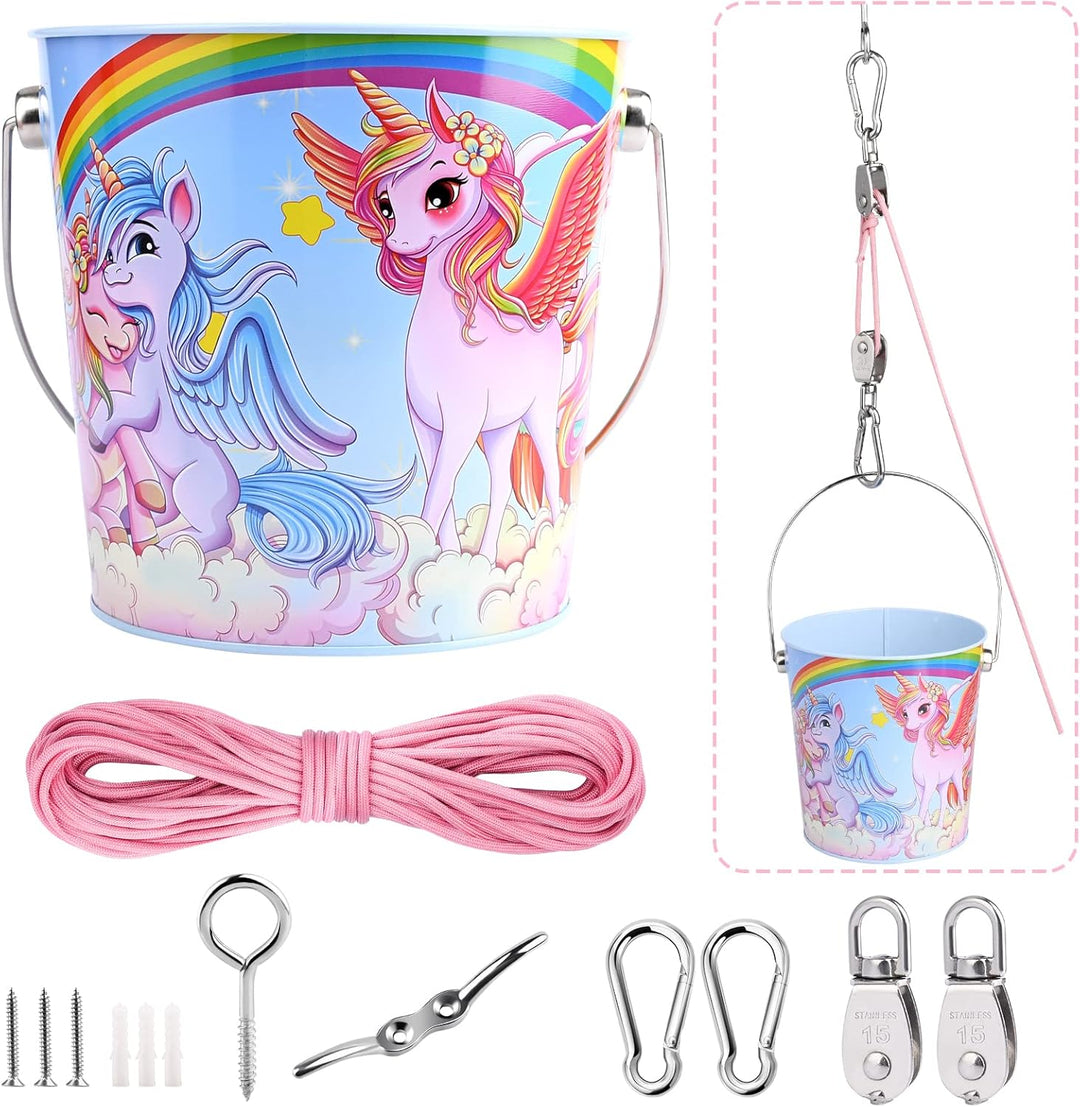 FUQUN Flaschenzug Kinder, Riemenscheibe mit Eimerkabel, Kids Playhouse Accessories, Pulleys for Kids