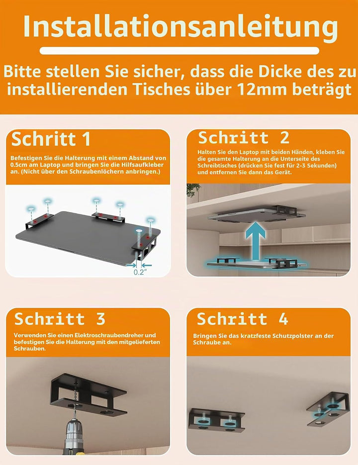 Laptop Halterung Unter Schreibtisch für Geräte < 3 cm Dicke, Untertisch Metall mit Kratzfesten Schut