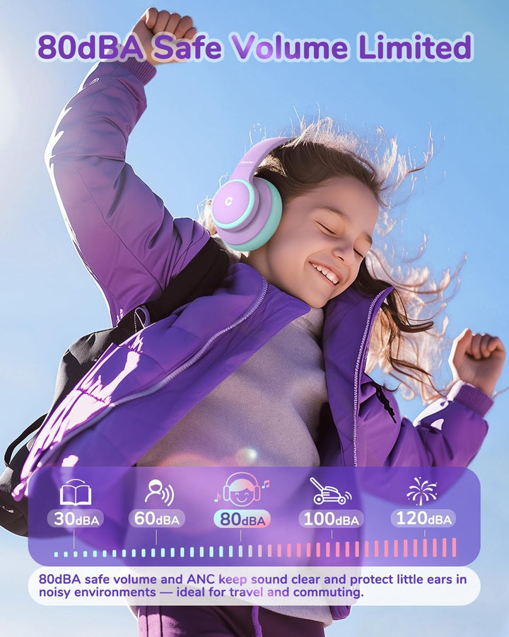 iClever Noise Cancelling Bluetooth Kopfhörer Kinder, 60 Spielzeit, Sichere Lautstärke 80 dBA, Typ-C-