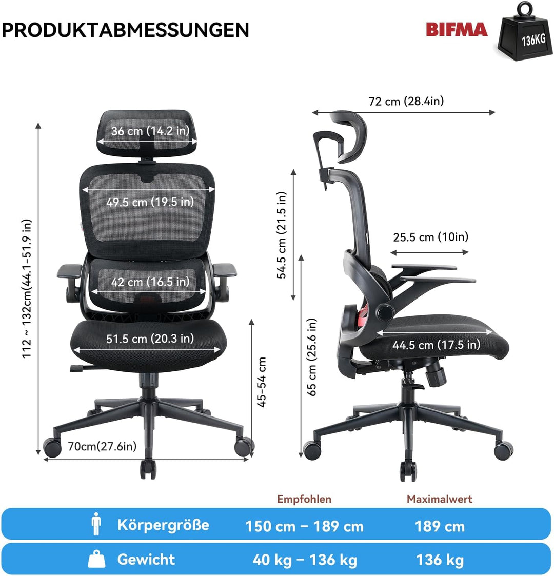 SIHOO B100-SE Ergonomischer Bürostuhl, Schreibtischstuhl mit Mesh-Bezug, Individuell einstellbare Ko