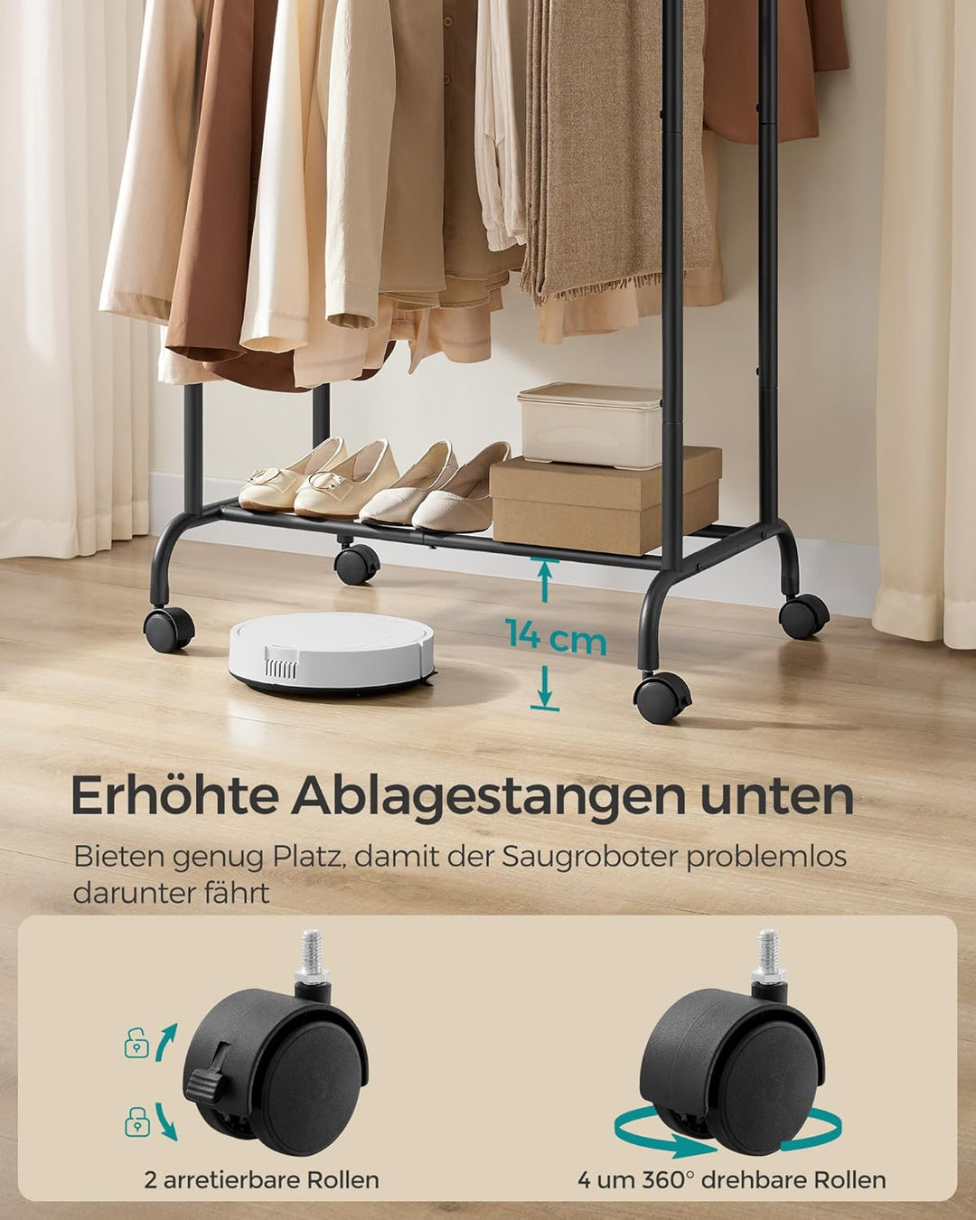 SONGMICS Kleiderständer auf Rollen, doppelte Stangen, ausziehbare Kleiderstangen, Garderobenständer