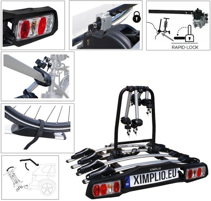 Fahrradträger für 4 Räder für Anhängerkupplung AHK - abklappbar Kupplungsträger mit Schnellkupplung