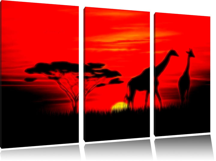 Pixxprint Giraffen im Sonnenuntergang / 3-Teilig/Gesamtmass 120cm Leinwandbild bespannt auf Holzrahm