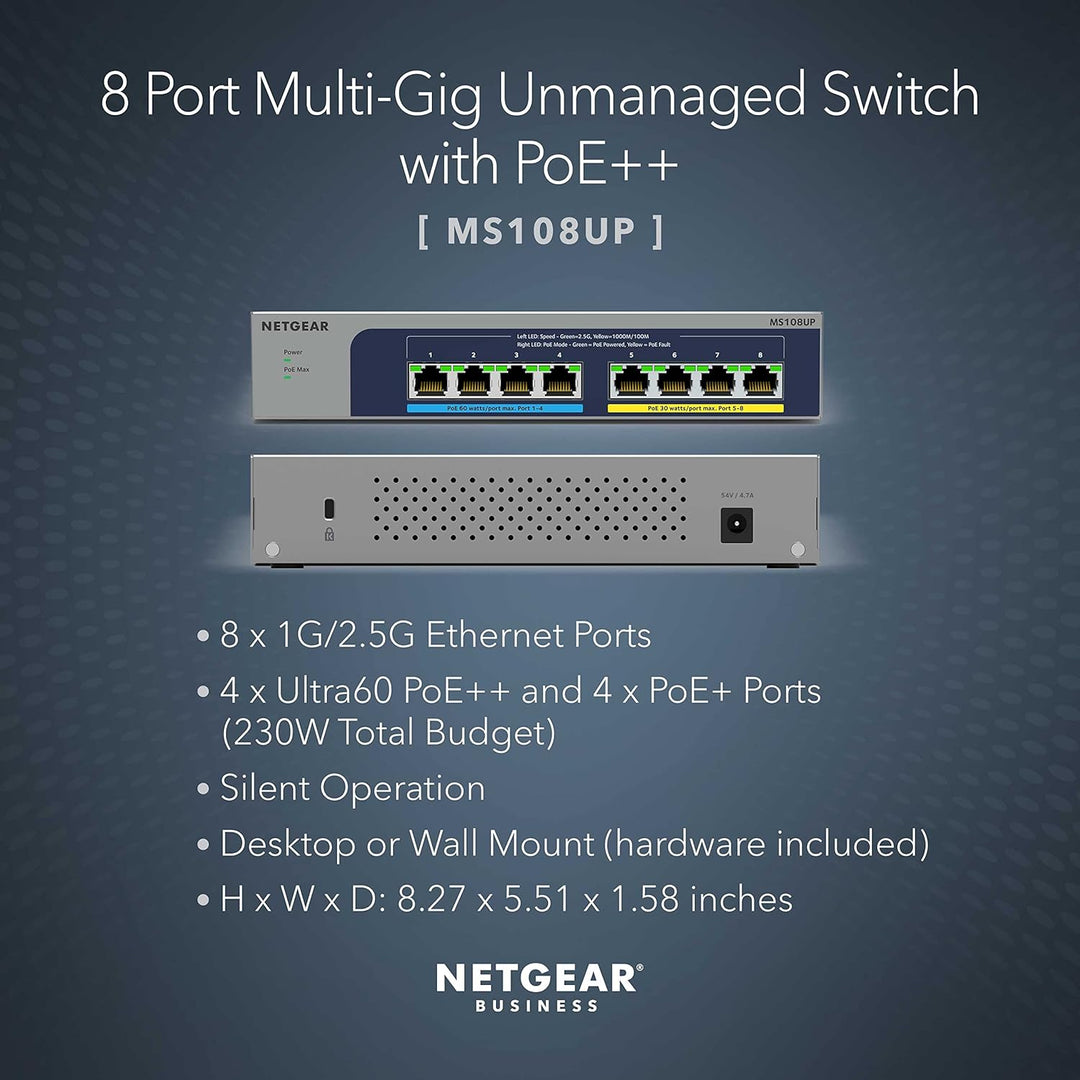 Netgear MS108UP PoE Switch 8 Port Multi-Gig LAN Switch Ultra60 PoE++ (je 4 PoE+/++ Ports mit 230W Bu