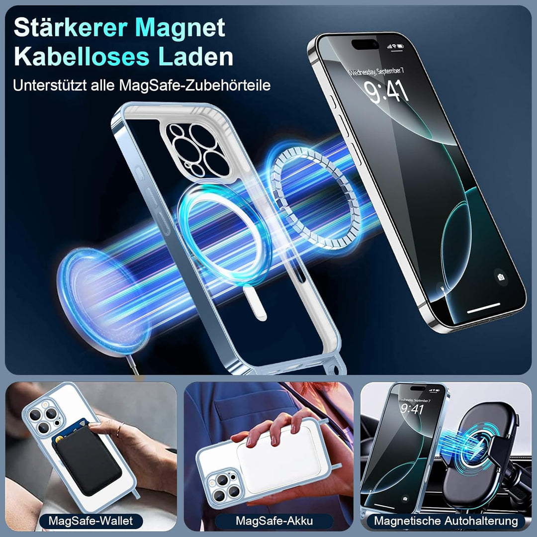 Handyband für iPhone 16 Pro Hülle mit Band + 2 Stück Glas Schutzfolie Transparent Silikon Handyhülle