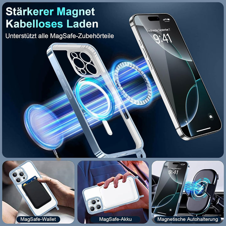 Handyband für iPhone 16 Pro Hülle mit Band + 2 Stück Glas Schutzfolie Transparent Silikon Handyhülle