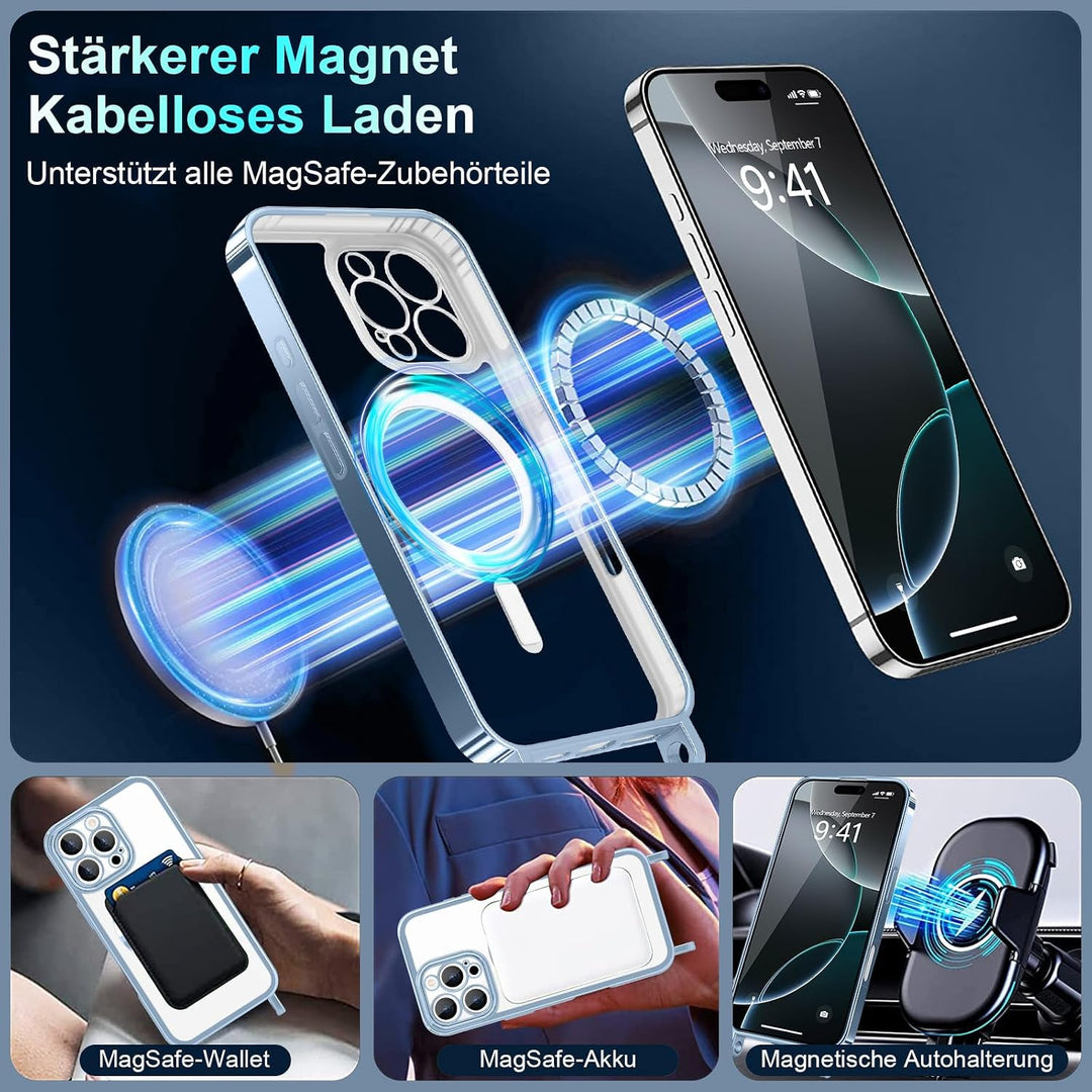Handyband für iPhone 16 Pro Hülle mit Band + 2 Stück Glas Schutzfolie Transparent Silikon Handyhülle