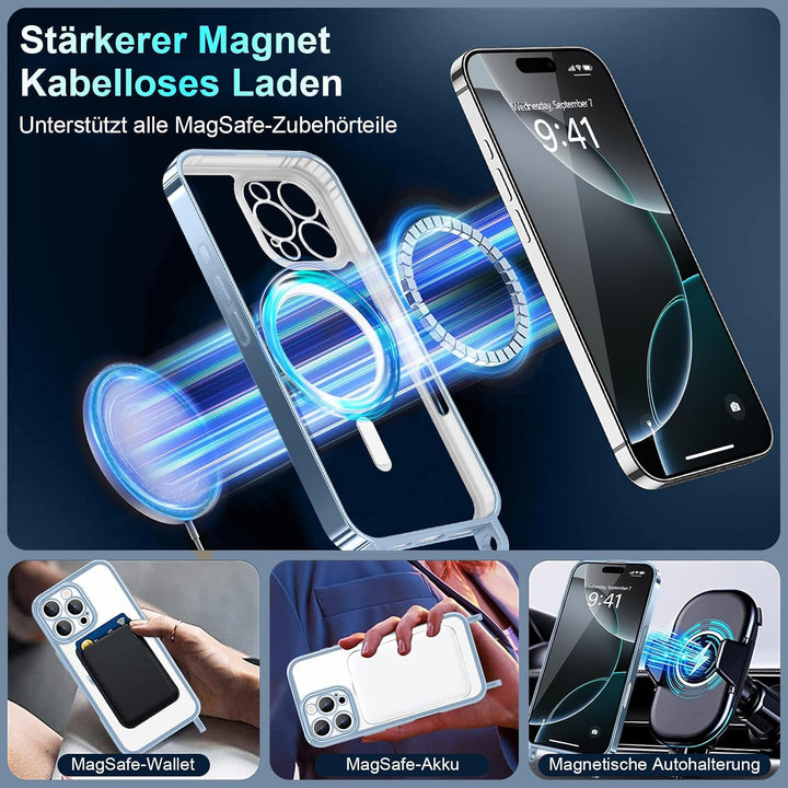 Handyband für iPhone 16 Pro Hülle mit Band + 2 Stück Glas Schutzfolie Transparent Silikon Handyhülle