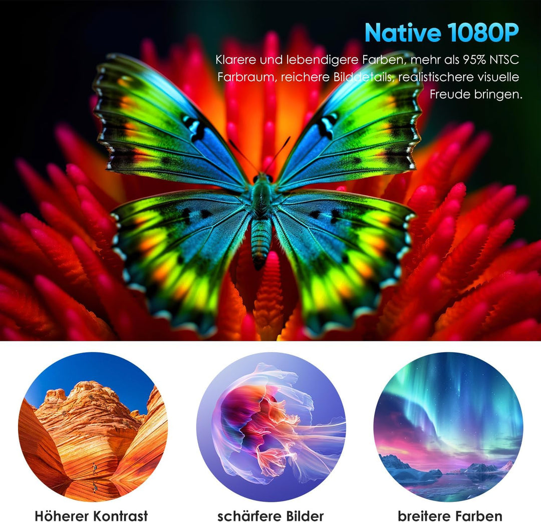 Beamer Full HD 1080P, WiFi&Bluetooth Tragbarer 15000 Lumens Mini Beamer Heimkino Projektor, 300" Max