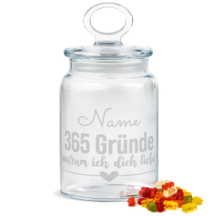 PR Print Royal Personalisierte Keksdose aus Glas mit Gravur - 800 ml - 365 Gründe warum ich dich Lie