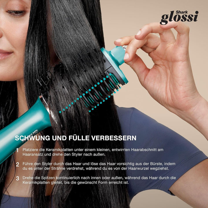 Shark Glossi 2-in-1-Styler mit Heissluft und Glanz-Finish, Türkis, Salonqualität, Keramikplatten, Vo