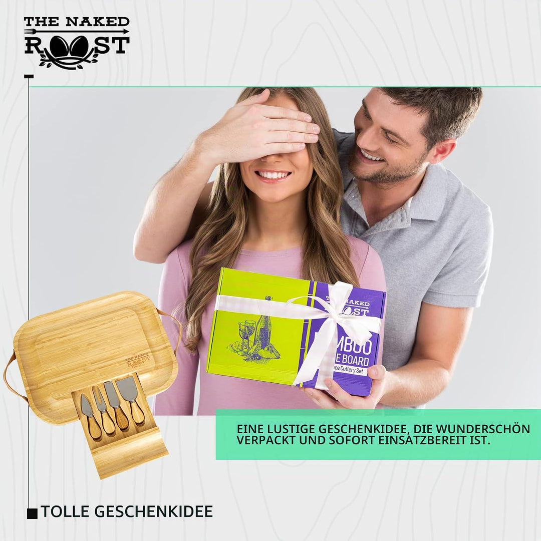 Bambus-Käsebrett und Messer-Set – Holz-Charcuterie-Brett mit Ledergriffen und herausziehbarer Schubl