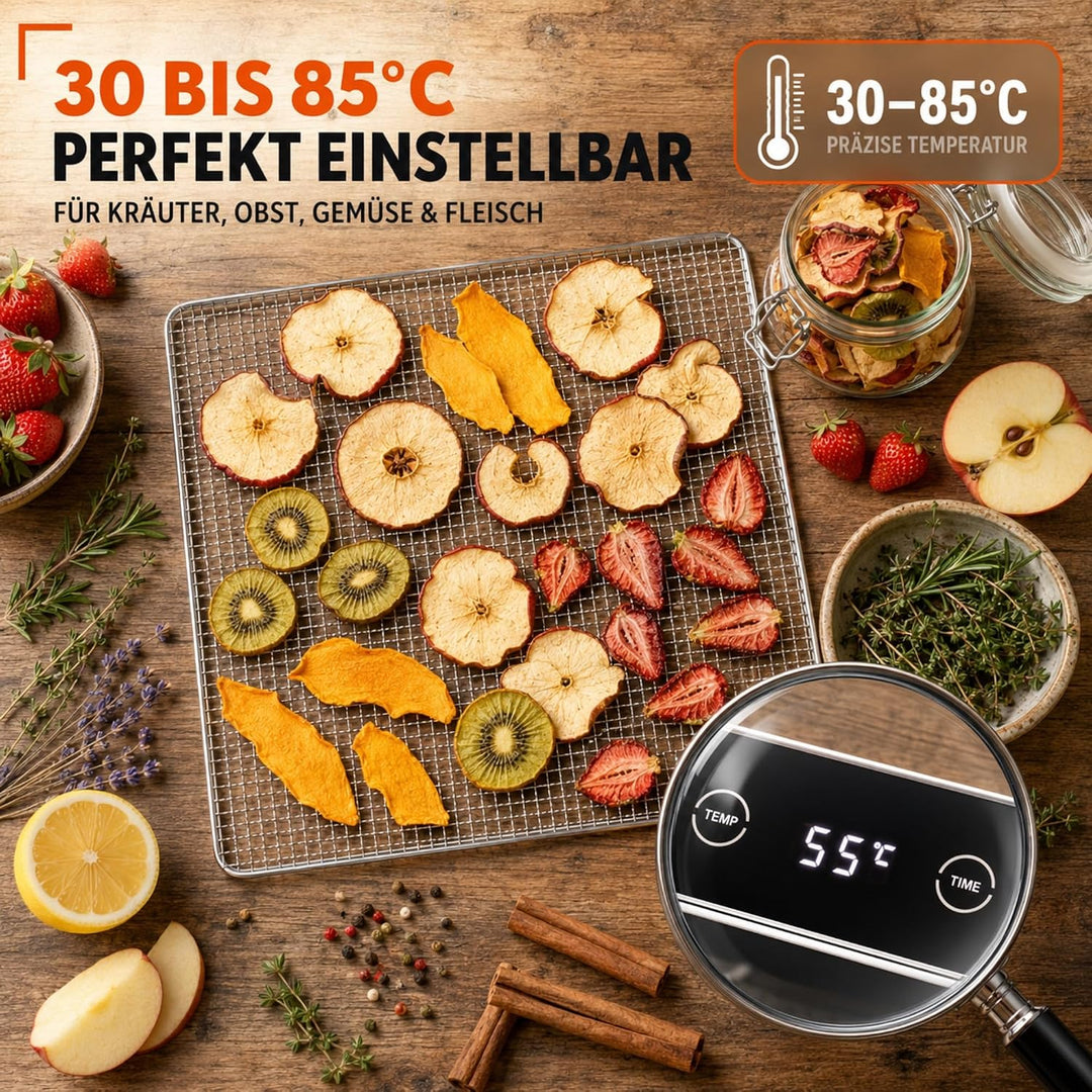 Sommertal Dörrautomat Silence 800 | 12 Edelstahl-Einschübe 800 Watt leise | 24h Timer, 30-85°C, Dehy