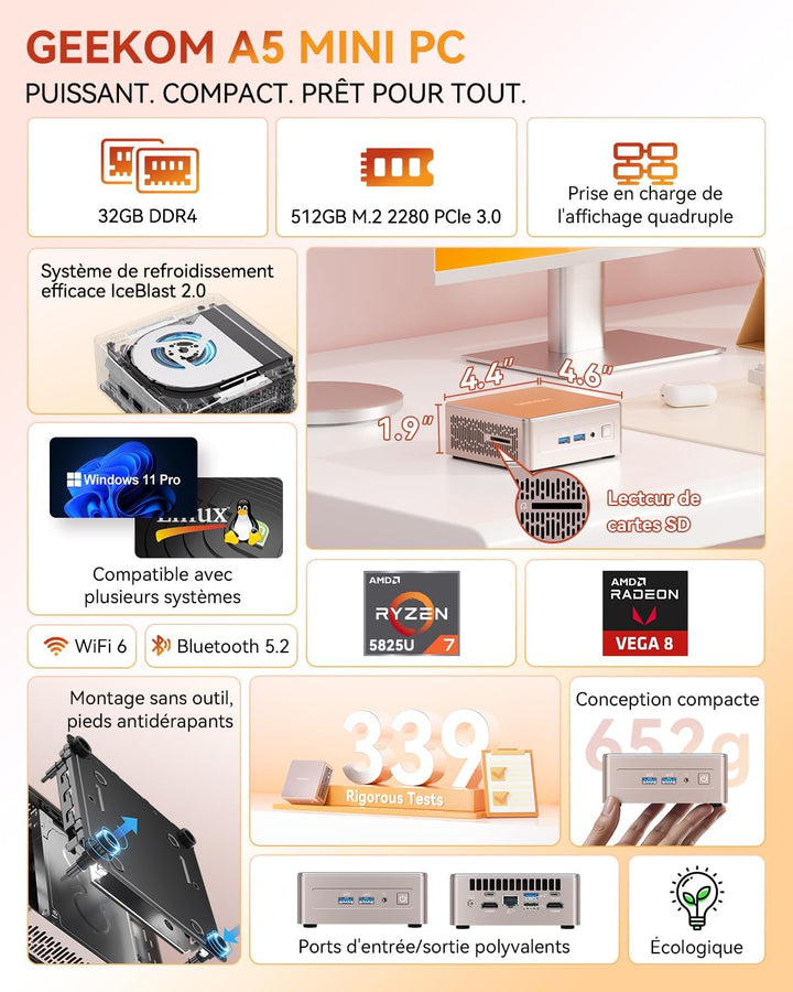 GEEKOM A5 Mini-PC mit AMD Ryzen 7 5825U (8 Kerne/16 Threads, bis zu 4,5 GHz), 32 GB DDR4, 512 GB M.2
