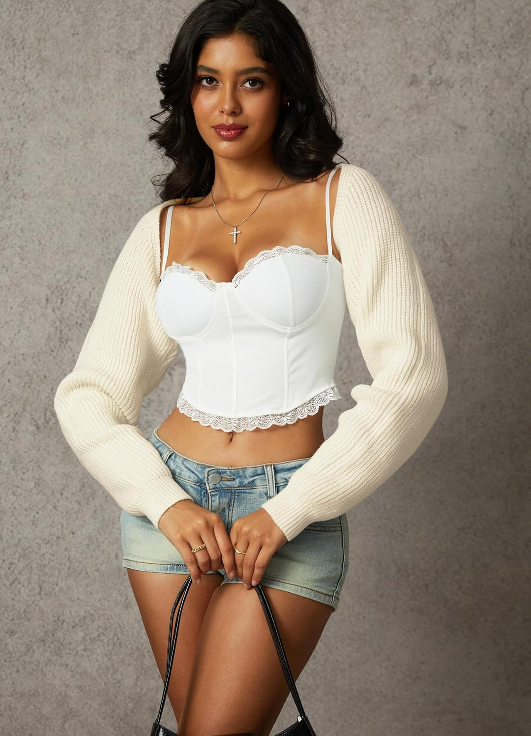 Navneet Bolero Damen Boleros Kurz Oversize Strickpullover Y2K Crop Top Shrug Winter Strickjacke Card