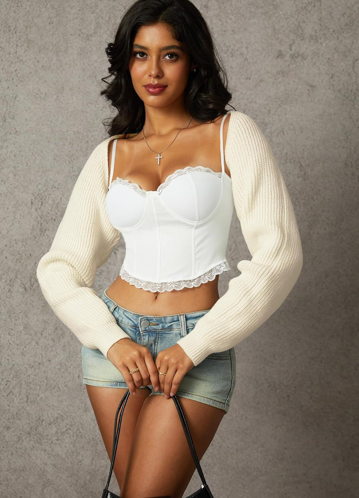 Navneet Bolero Damen Boleros Kurz Oversize Strickpullover Y2K Crop Top Shrug Winter Strickjacke Card