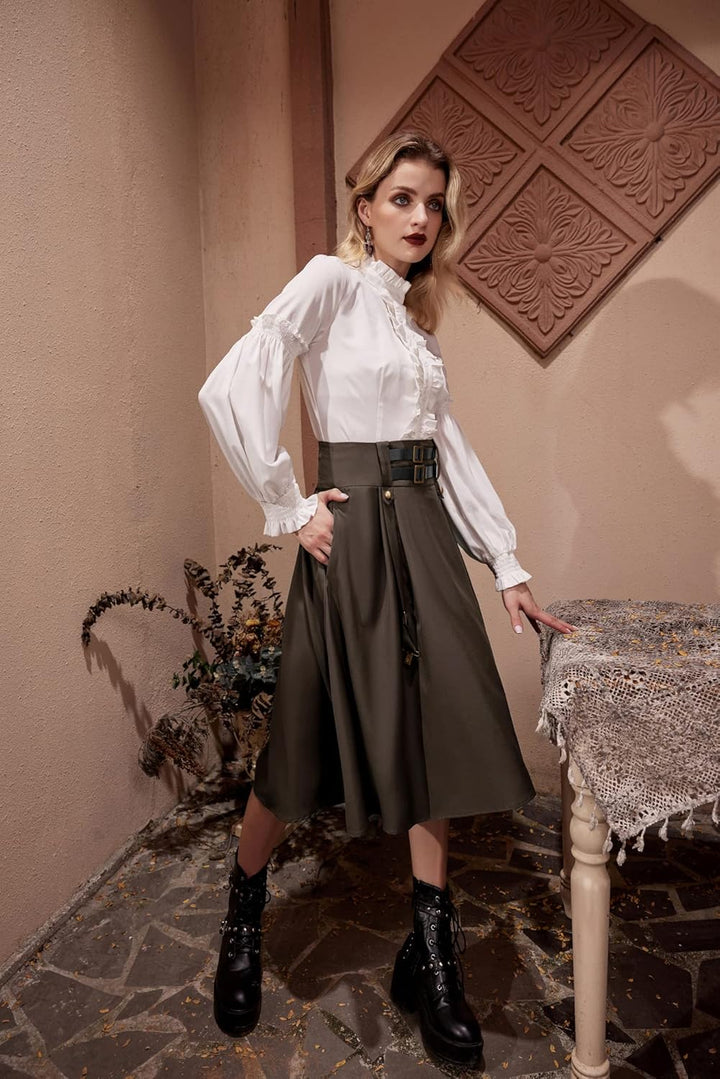 SCARLET DARKNESS Damen Mittelalter Rock Steampunk Knielang mit Schnalle und Riemen Gothic Rock Pirat