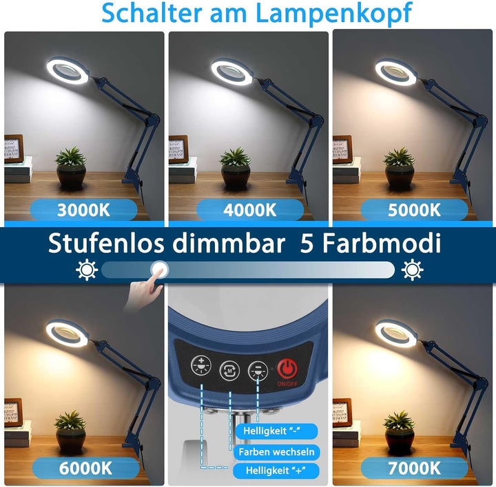 10X Lupe mit Licht und Klemme, LED Lupenlampe mit Glaslinse, 5 Farbmodi Stufenlosem Dimmen, Lupe mit