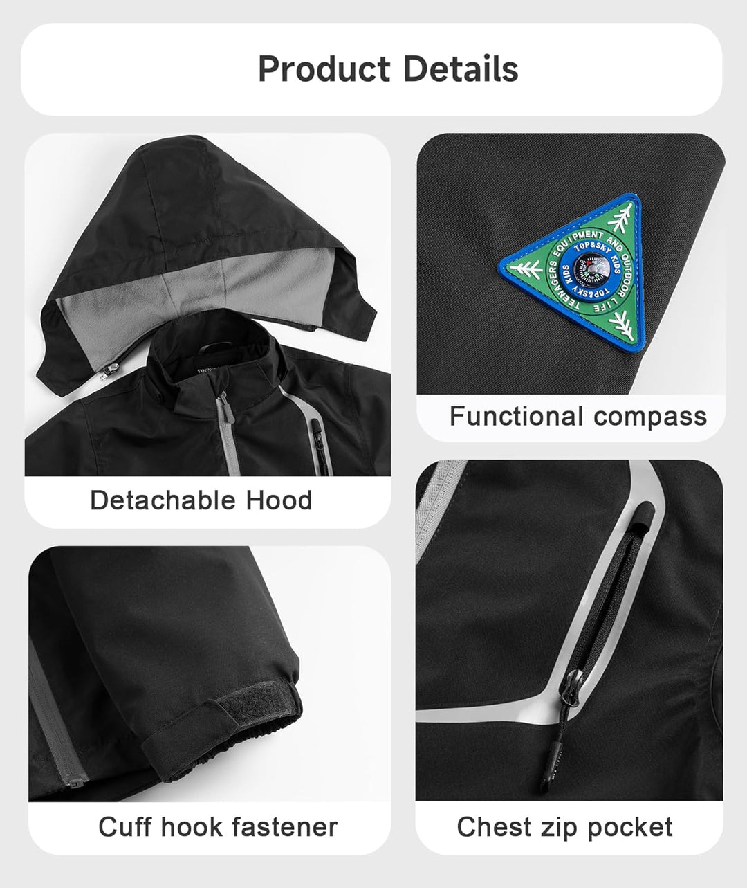 YoungSoul Kinder wasserdichte Regenjacke mit Abnehmbarer Kapuze 104-110 Schwarz, 104-110 Schwarz