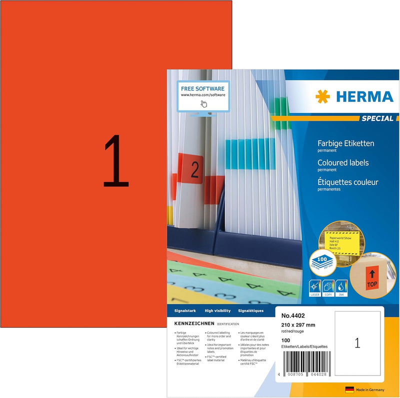 HERMA 4402 Farbige Etiketten rot, 100 Blatt, 210 x 297 mm, 1 Stück pro A4 Bogen, 100 Aufkleber, selb