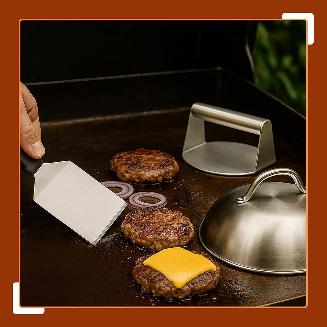Relaxdays Smash Burger Set, 3-teilig, Burgerpresse mit Schmelzglocke & Grillspachtel, Patty Maker, E