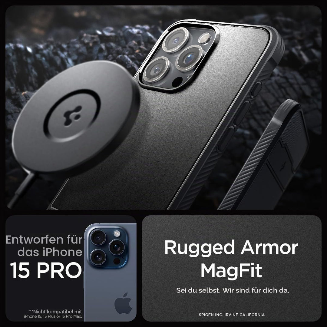 Spigen Rugged Armor MagFit Matte Hülle Kompatibel mit iPhone 15 Pro Kompatibel mit MagSafe -Schwarz