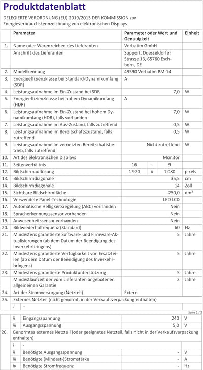 Verbatim PM-14, Portable Monitor, mobiler 14" Full HD Bildschirm für Laptop, Tablet, Smartphone, PS5