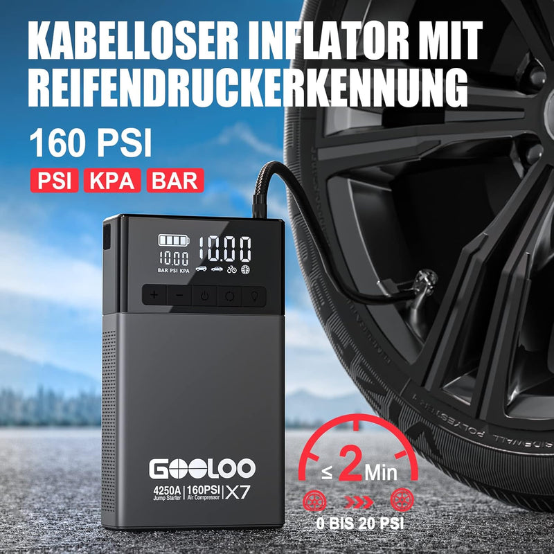 GOOLOO X7 4250A Starthilfe Powerbank mit Kompressor,Starthilfe mit Digitalem Reifenfüller 160 PSI, 1