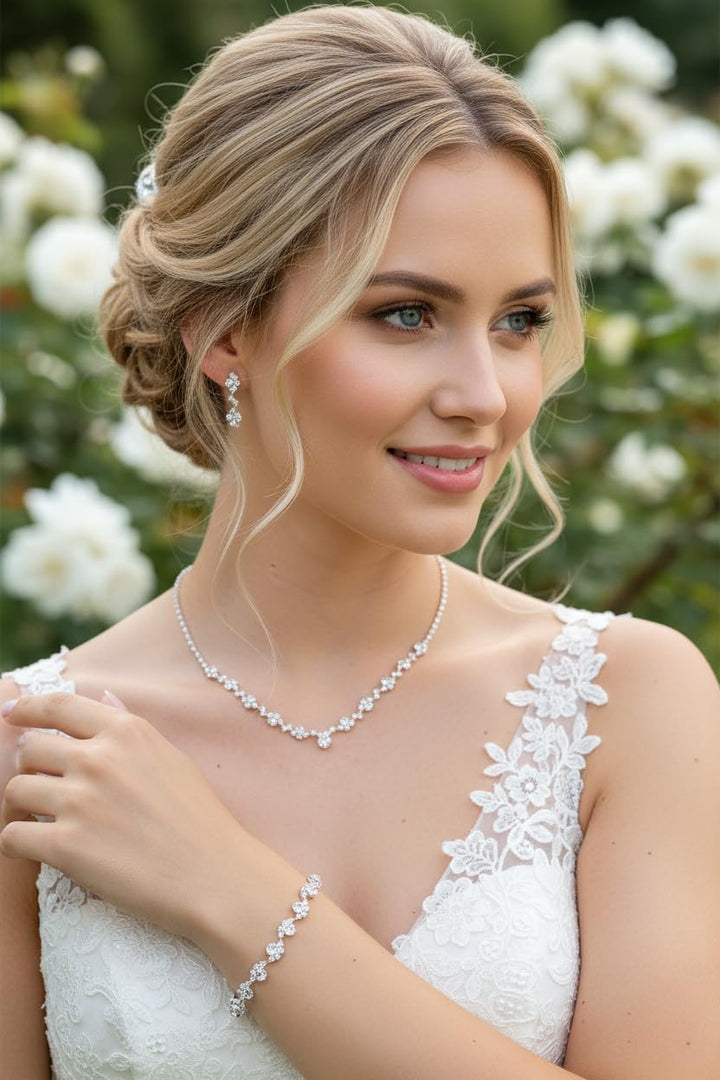 ONDEGO® 3er Set SILBER Strass Schmuck Kette Schmuckset Armband Hochzeit Collier Halskette Brautschmu