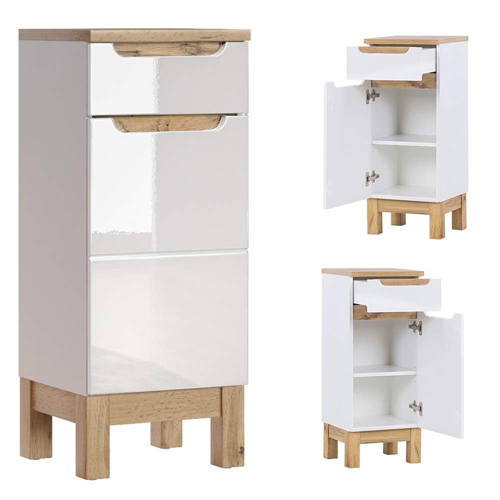 Lomadox Badmöbel Unterschrank Hochglanz weiss mit Wotaneiche, 1 Türe, 1 Softclose-Schubkasten, B/H/T