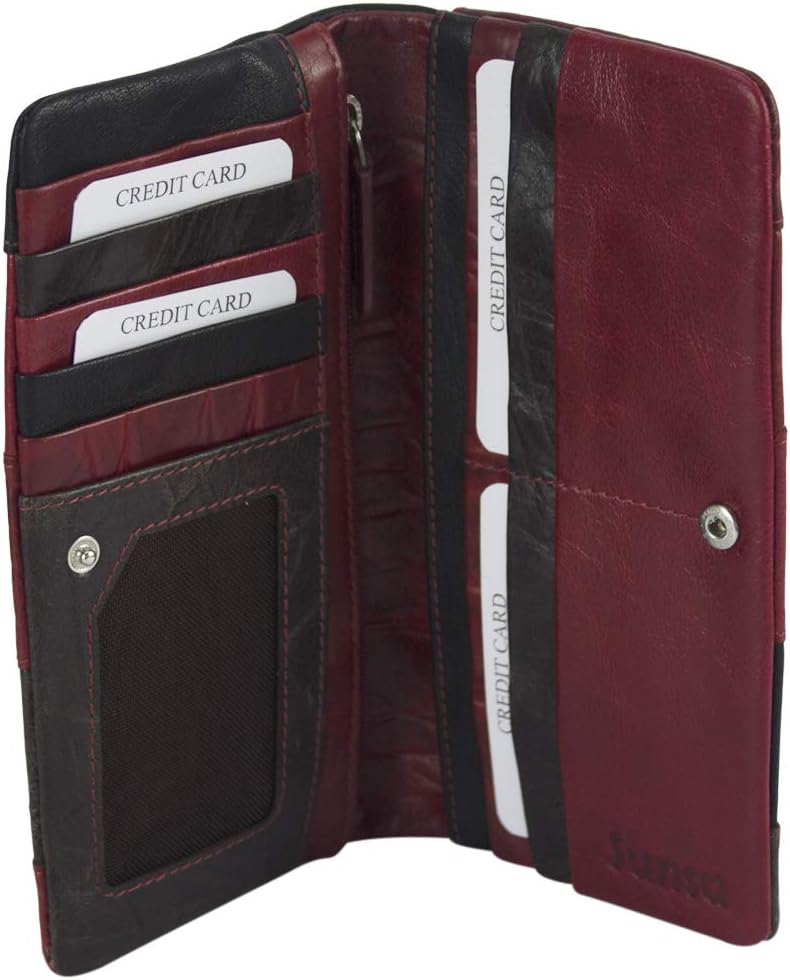 Sunsa Geldbörse. Leder Geldbeutel. Grosser Portemonnaie mit RFID Schutz. Damen Brieftasche mit viele