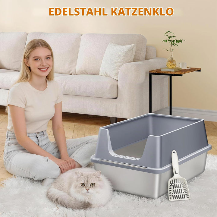 Katzenklo Edelstahl 2er Set, XXL Gross Katzentoilette, Dunkelgrau | Metall Katzentoilette mit Hoher
