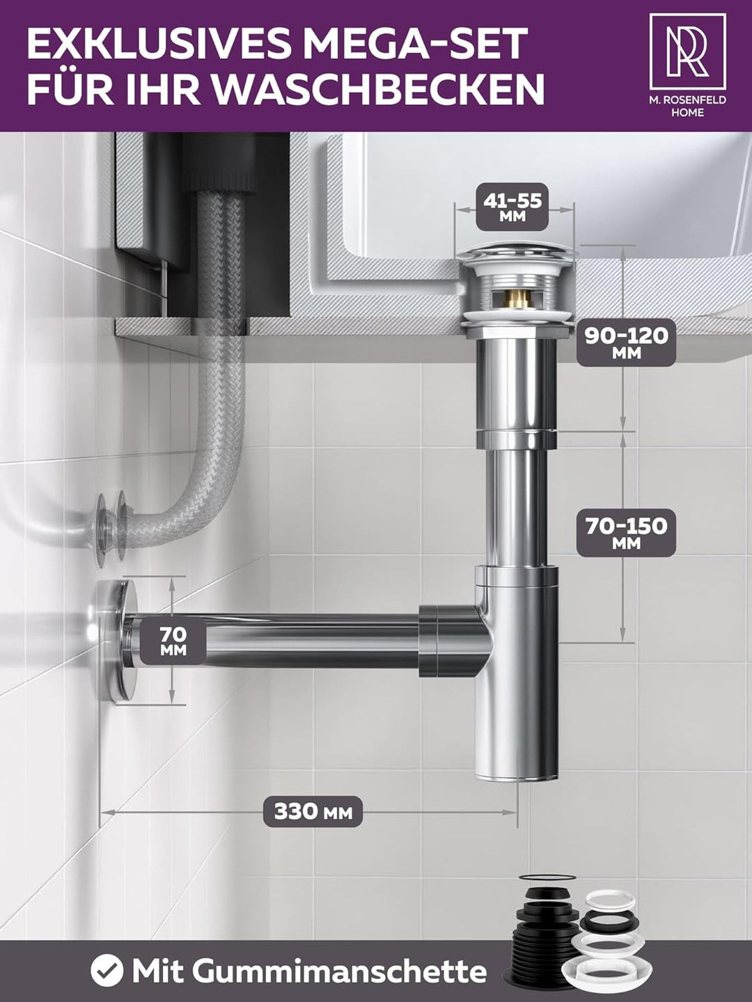 M. ROSENFELD HOME Design Siphon Waschbecken – Universeller Röhrensiphon 1 1/4" für Waschtisch, Geruc